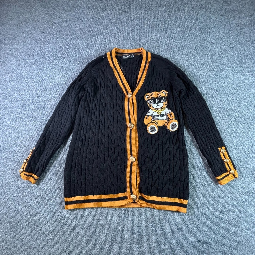 Balboa Cardigan Sweater Women's XL Black Viscose Teddy Bear Embroidered Holiday
